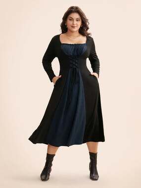 Plus Size 30 6X BloomChic Square Neck Textured Patchwork Crisscross Dress Pocket